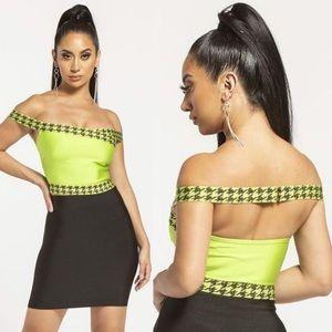 Sexy Club Neon Green Bandage Houndstooth Crop Top